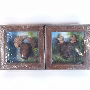 Vintage Style 3D Moose Deer Bust Framed Art Pair Cabin Hunting Lodge Decor